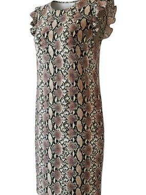 Snake Print Midi Dress with Ruffle Sleeves - Pink/Black